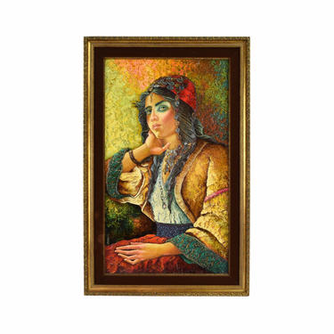 Vintage 1960’s Textural Bas-Relief Oil Painting Gypsy Woman signed 