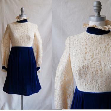 Vintage 70s Crochet Lace and Velvet Mini Dress/ 1960s 1970s Mod Mock Neck Long Sleeve Dress/ Size Small 