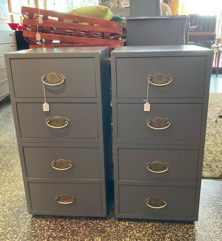 Twin grey painted mini chests, 4 drawers, 18” x 17.5” x 37.5” 
