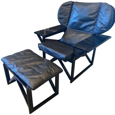 Black Leather Italian Lounge Chair with Ottoman