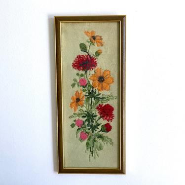 Floral Cross Stitch Art - Wood Framed Floral Embroidered Art - Red Pink Yellow Flower Needlework Fiber Art Painting - 70's Hand Stitched Art 