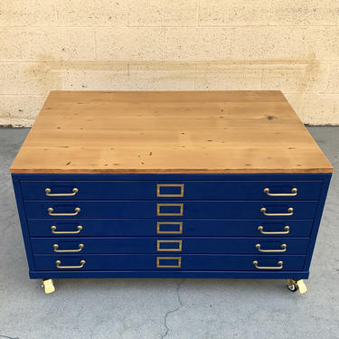 Vintage Flat File Coffee Table Custom Refinished in Midnight Blue with Reclaimed Wood