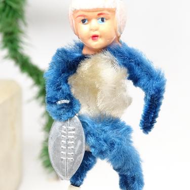 Vintage 1950's Celluloid &amp; Chenille Football Player Christmas Tree Ornament, Antique Retro Doll Toy with Football, Blue and White 