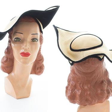 Vintage 1950s Hat | 50s Straw Black Velvet Two Tone Asymmetrical Sculptural Formal Wide Brim Tilt Hat 