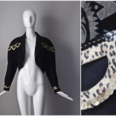 vtg 80s Exclusive black knit bolero with painted leather and scalloped leopard print faux fur trim | 1980s 90s |  jacket coat 