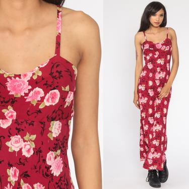 00s Floral Dress Red Maxi Y2K Sundress 2000s Summer Spaghetti Strap Vintage Summer Tank Shift Small S 