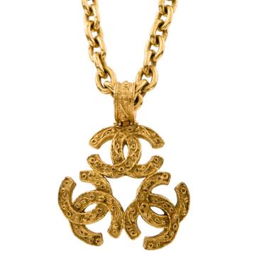 Vintage 1994 CHANEL Huge TRIPLE CC Logo Chain Gold Charm Medallion Pendant Necklace Jewelry - Rare 