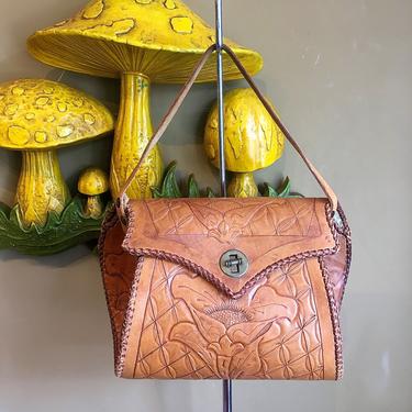 Vintage 70s Purse | 1970's Leather Hand Tooled Mexican Handbag | Lily Floral Design | 60s 1960s Southwest Bag, Boho, Western, Rockabilly VLV 