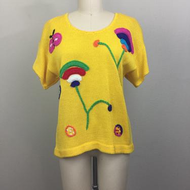 Vintage 80s 90s Yellow Knit Top Sweater Embroidered Flowers Butterfly Leslie Fay 