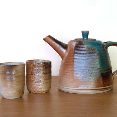 Studio Pottery Kyusu Yunomi Set Teapot and Tea Cups - Faceted Geometric Ceramics - Mingei Pottery 