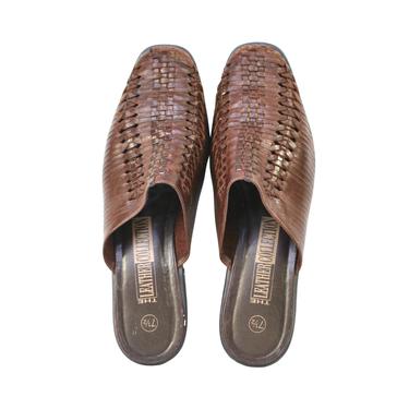90's Brown Leather Mules Womens Round Square Toe Huaraches Mules Braided Leather Size 7.5 US, Light Wear, 1.5 Inch Heel 