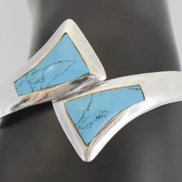 Big 80's Taxco sterling turquoise Modernist clamper bracelet, edgy 925 silver TL-63 Mexico blue stone geometric hinged cuff 