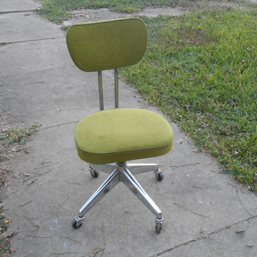 Vintage 1970 Office Desk Student Chair Pedestal Chrome MCM Avocado Green Industrial Adjustable Desk Seating 