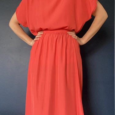 vintage coral red two piece rayon skirt set size large 