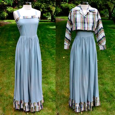 1930s Blue Taffeta Vintage Dress w/ Plaid Bolero Jacket / Tartan Ruffle Maxi Dress / 30's Long Dress and Cropped Jacket / 