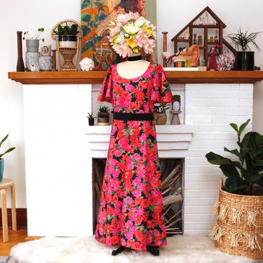 s.a.l.e. Vintage 1970s  Maxi Dress - Hot Pink Boho Floral Flutter Sleeve Party Dress - L 