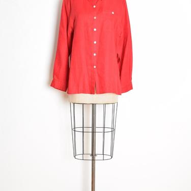 vintage 90s shirt red linen button up normcore blouse top basic XL clothing 