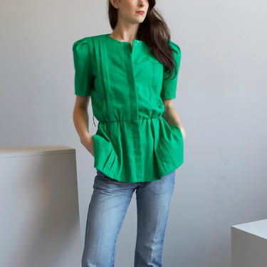 kelly green peplum waist jacket smock top with puffy sleeves / S M 
