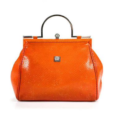 RARE! Versace Orange Snakeskin Medusa Framed Top Handle Bag 
