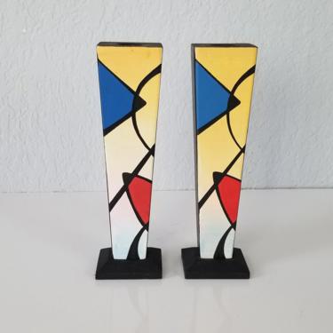1990s Postmodern Memphis Style Hand Painted Candle Holders - a Pair. 
