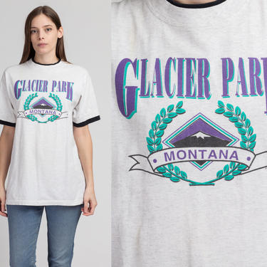 90s Glacier Park Montana Tourist Tee - Large | Vintage Unisex Heather Gray Graphic Travel T Shirt 