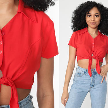 Red Cropped Blouse 90s Plain Tie Waist Crop Top 90s Short Sleeve Shirt Collared Button Up Shirt Short Sleeve Top Normcore Vintage Small s 