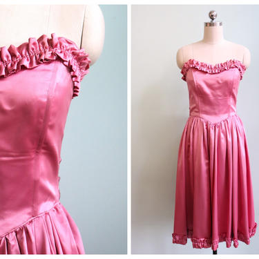 Vintage 1950's Pink Satin Party Dress with Crinoline | Size Extra Small 
