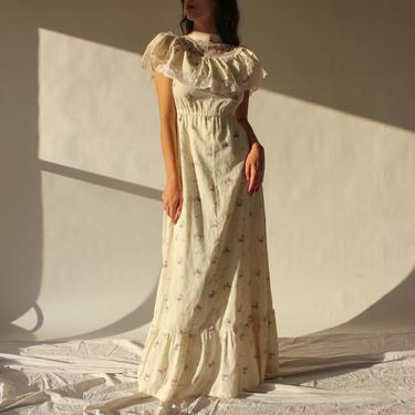 Vintage 70s Angelic White Floral Embroidered Prairie Maxi Dress with Violet Floral Print | 1970s Western Style, Wedding Lace Boho Dress 
