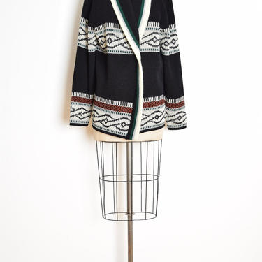 vintage 70s sweater wrap cardigan black southwest stripe hippie boho Lebowski jumper top L 