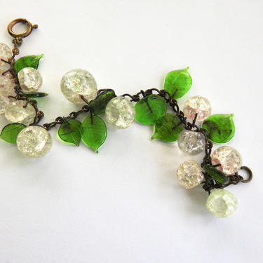 White Crackle Glass and Green Glass Leaves Bracelet 