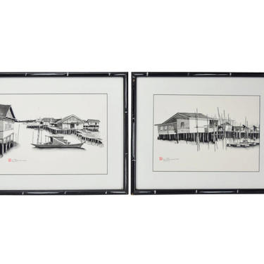 Pair Pen &amp; Ink Watercolor Paintings Malaysian Fishing Village Scene by L. L. Wee 