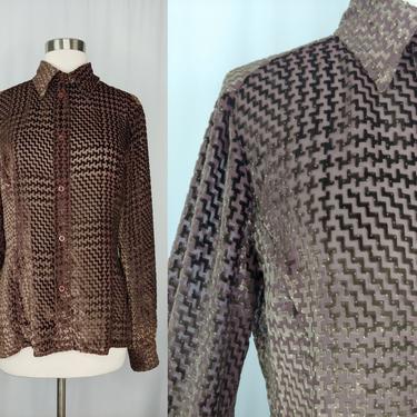 Vintage 90s Gianfranco Ferre Jeans Brown Velvet Houndstooth Burnout Silk Blend Long Sleeve Blouse - Nineties Medium Button Up Shirt 