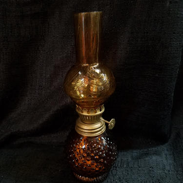 Vintage Hobnail Amber Glass Mini Oil Lamp with Handblown Amber Glass Chimney