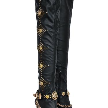 Jeffrey Campbell - Black Leather Thigh High Heel "Vixxen" Boots w/ Gold Chain & Studded Trim Sz 6