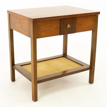 Paul McCobb Style Mid Century Walnut Brass and Grasscloth Night Stand Side End Table - mcm 
