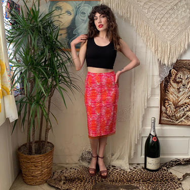 Y2K TIGER SKIRT - pink, orange and white - high-waisted - beaded fringe - small 