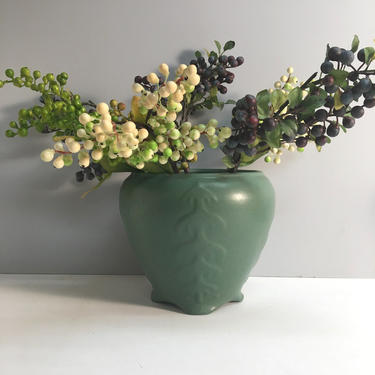 Matte green jardiniere - redware pottery planter - likely Weller - 1900s 