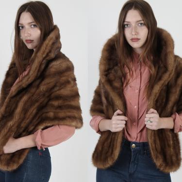 Vintage 60s Brown Mink Stole Natural Real Fur Dramatic Collar MOTB Bridal Wrap Cape 