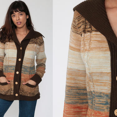 Space Dye Sweater Brown Boho Cardigan Striped Sweater 70s Hippie Boho 1970s Bohemian Button Up dyed Seventies Hippie Sweater Small Medium 