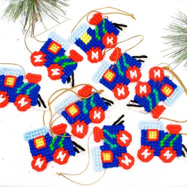 VINTAGE: 9 Cross Stitch Train Shapes Ornaments - Feather Tree Ornaments - Handmade Bells - SKU 15-F2-00007117 