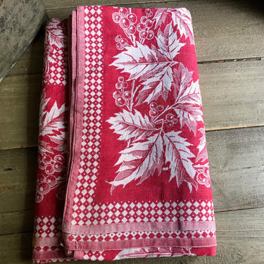 French Bistro Café Cloth, Red Tablecloth, Cotton, Picnic, Reversible, Cherry Leaf Design, Antique Textiles 