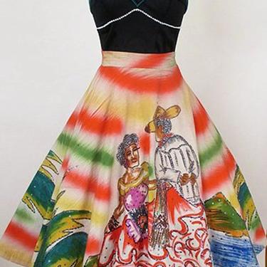 Delightful Had Painted 1950's Mexican Circle Skirt With Dancers and Landscapes RockabillyV LV Vintage Mexicana  Size Large 