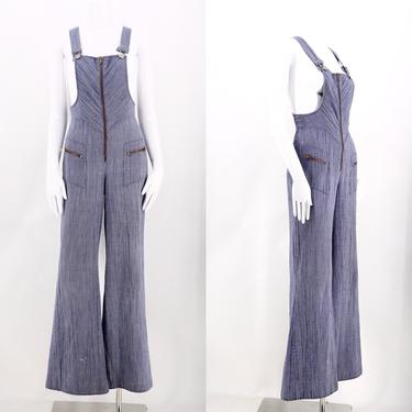 70s bell bottom cotton denim jumpsuit / vintage 1970s overalls flares bell bottoms sz 6 