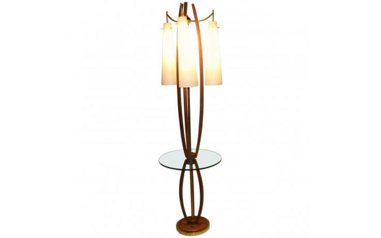 Mid Century Vintage Walnut Brass Floor Lamp Side Table 