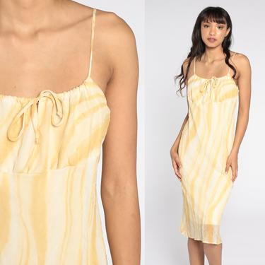 90s Party Dress Yellow Sun Dress Empire Waist Spaghetti Strap Dress Midi Vintage Summer Prom Dress Peasant Striped Medium 