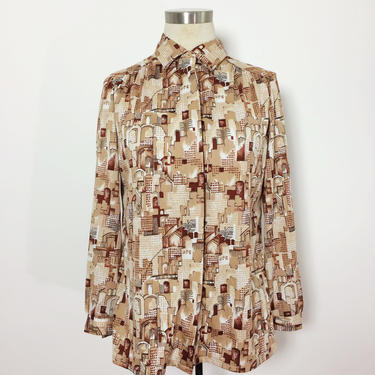 Vintage Brown Ladies Button Up / 1970s Polyester Button Up / All Over Print Blouse / Architect Top / City Scape Shirt Small 