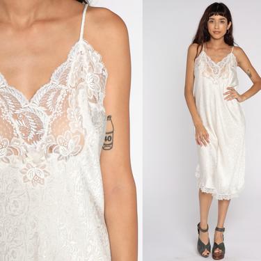 Christian Dior Slip White Floral Embossed Slip Dress Chemise Lingerie Vintage 90s Nightgown Midi Spaghetti Strap Sleep 80s Medium 