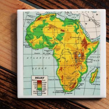 1939 Africa Relief Handmade Repurposed Vintage Map Coaster - Ceramic Tile - Repurposed 1930s Goode's Atlas -One of a Kind - Elevation 