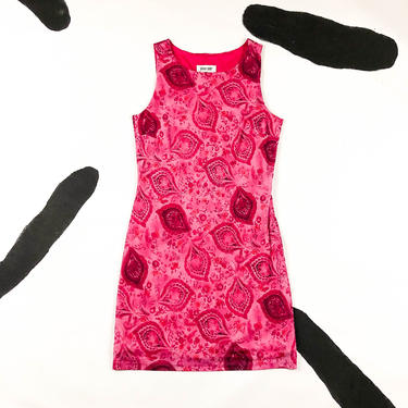 90s Pink Paisley Sleeveless Mini Dress / Mesh Overlay / Bright Pink / Neon / Rave / Club Kid / y2k / 00s / Byer Too / Large / Hackers / L / 