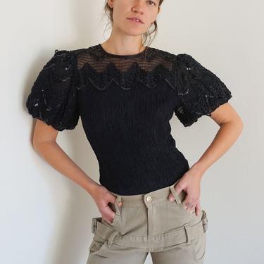 1980s Puff Sleeve Sequined Top with Micro Pleats and Sheer Paneled Neckline XS S Reworked OOAK 